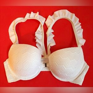 Ladies Aerie Aeropostale Brooke White Ruffle Strap Seersucker Bikini Top Sz 34D
